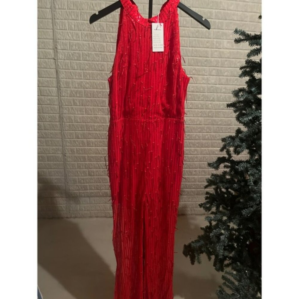 PEEKSKILL Red Sequin Fringe Halter Jumpsuit Dressy Evening Formal